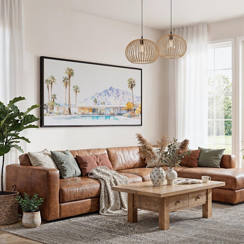 06 - Framed Minimal Palm Springs Watercolor - Panorama Canvas Print - Living Room.jpg 06 - Framed Minimal Palm Springs Watercolor - Panorama Canvas Print - Living Room.jpg