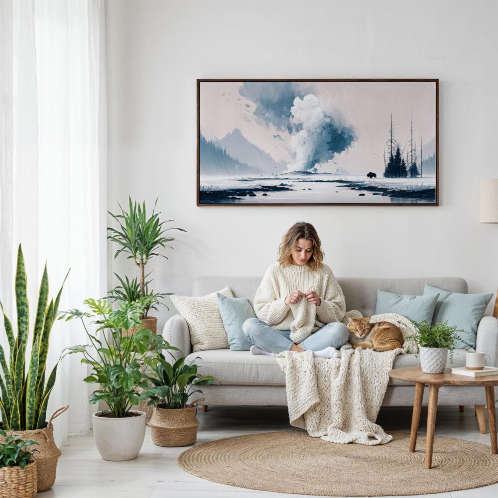 06 - Framed Minimal Yellowstone Watercolor - Panorama Canvas Print - Woman Knitting on Sofa.jpg 06 - Framed Minimal Yellowstone Watercolor - Panorama Canvas Print - Woman Knitting on Sofa.jpg