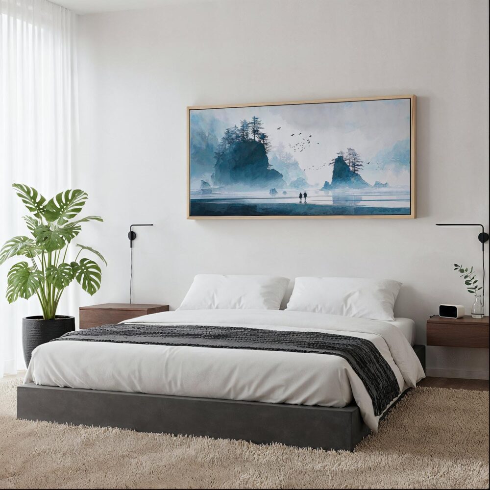 06 - Framed Misty Olympic National Park Watercolor - Panorama Canvas Print - Woman in contemporary Bed Room.jpg 06 - Framed Misty Olympic National Park Watercolor - Panorama Canvas Print - Woman in contemporary Bed Room.jpg