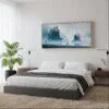 06 - Framed Misty Olympic National Park Watercolor - Panorama Canvas Print - Woman in contemporary Bed Room.jpg