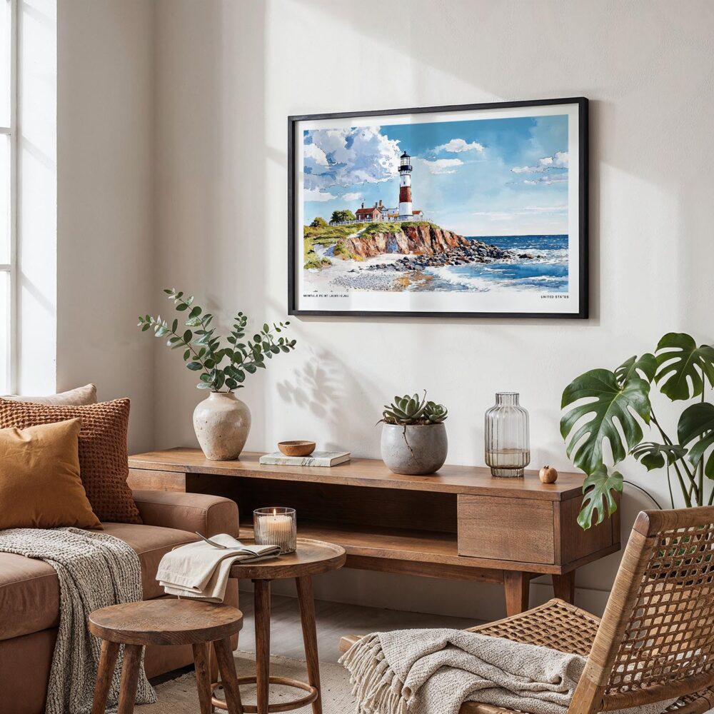 06 - Framed Montauk point lighthouse Watercolor - Horizontal Art Print in Boho Living Room.jpg 06 - Framed Montauk point lighthouse Watercolor - Horizontal Art Print in Boho Living Room.jpg