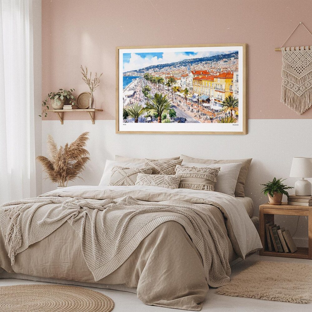 06 - Framed Nice France Watercolor - Horizontal Art Print in Boho Bedroom.jpg 06 - Framed Nice France Watercolor - Horizontal Art Print in Boho Bedroom.jpg