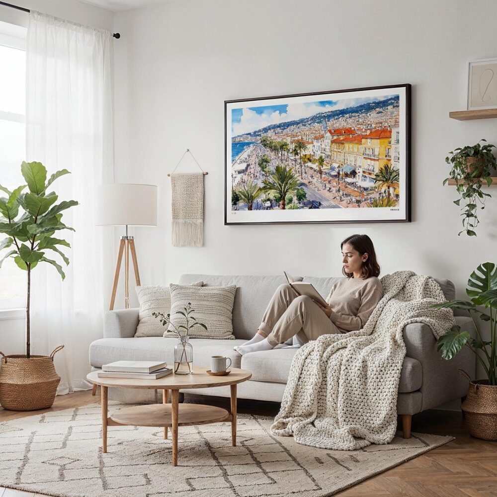 06 - Framed Nice France Watercolor - Horizontal Canvas Print - Scandi Living Room.jpg 06 - Framed Nice France Watercolor - Horizontal Canvas Print - Scandi Living Room.jpg