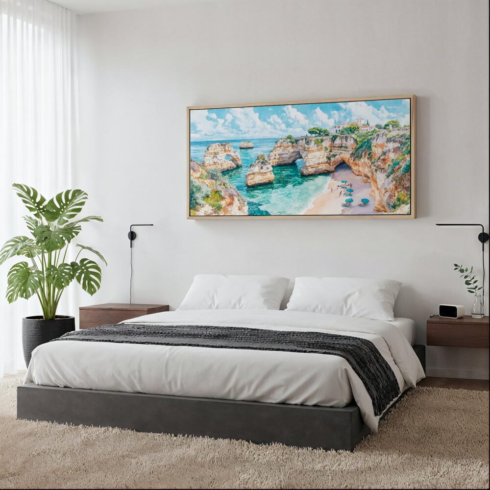 06 - Framed Portugal Algarve Watercolor - Panorama Canvas Print - Woman in contemporary Bed Room.jpg 06 - Framed Portugal Algarve Watercolor - Panorama Canvas Print - Woman in contemporary Bed Room.jpg