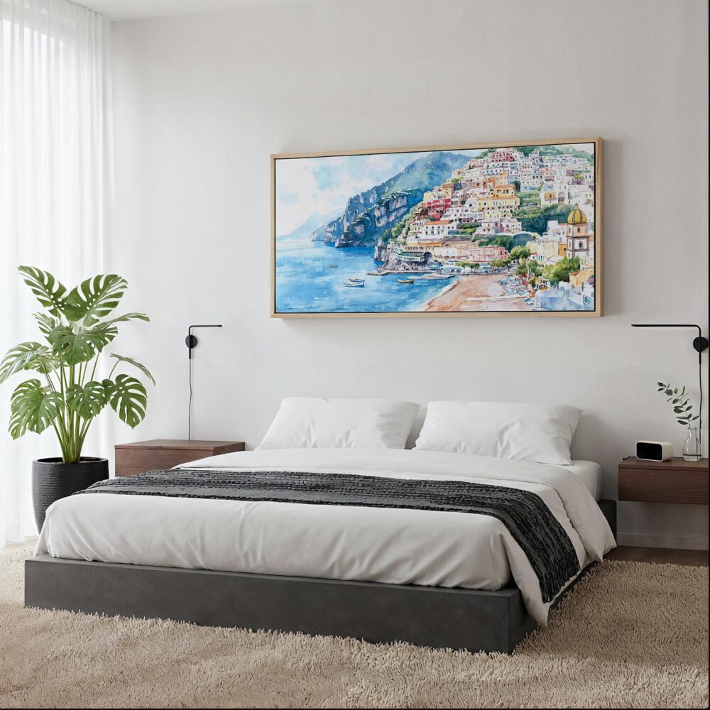 06 - Framed Positana Amalfi Coast Watercolor - Panorama Canvas Print - Woman in contemporary Bed Room.jpg 06 - Framed Positana Amalfi Coast Watercolor - Panorama Canvas Print - Woman in contemporary Bed Room.jpg
