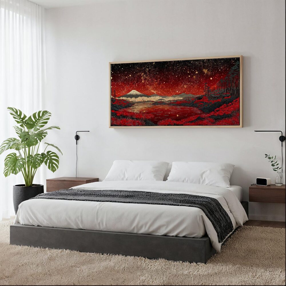 06 - Framed Red Japan Kusama Inspired Art - Panorama Canvas Print - Woman in contemporary Bed Room.jpg 06 - Framed Red Japan Kusama Inspired Art - Panorama Canvas Print - Woman in contemporary Bed Room.jpg