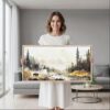 06 - Framed Warm Yellowstone with Bison Watercolor - Panorama Canvas Print - Woman in contemporary Living Room.jpg