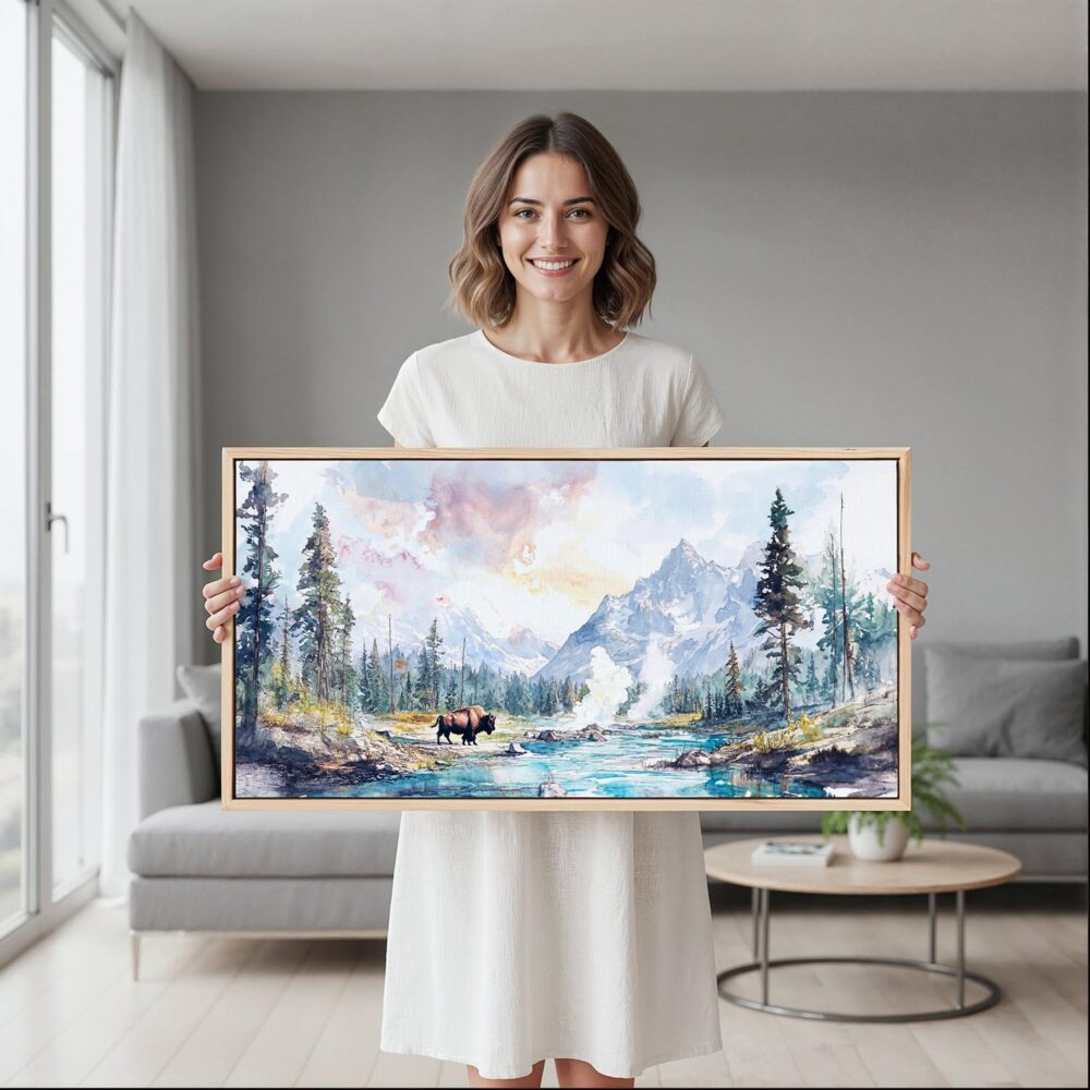 06 - Framed Yellowstone Watercolor - Panorama Canvas Print - Woman in contemporary Living Room.jpg 06 - Framed Yellowstone Watercolor - Panorama Canvas Print - Woman in contemporary Living Room.jpg