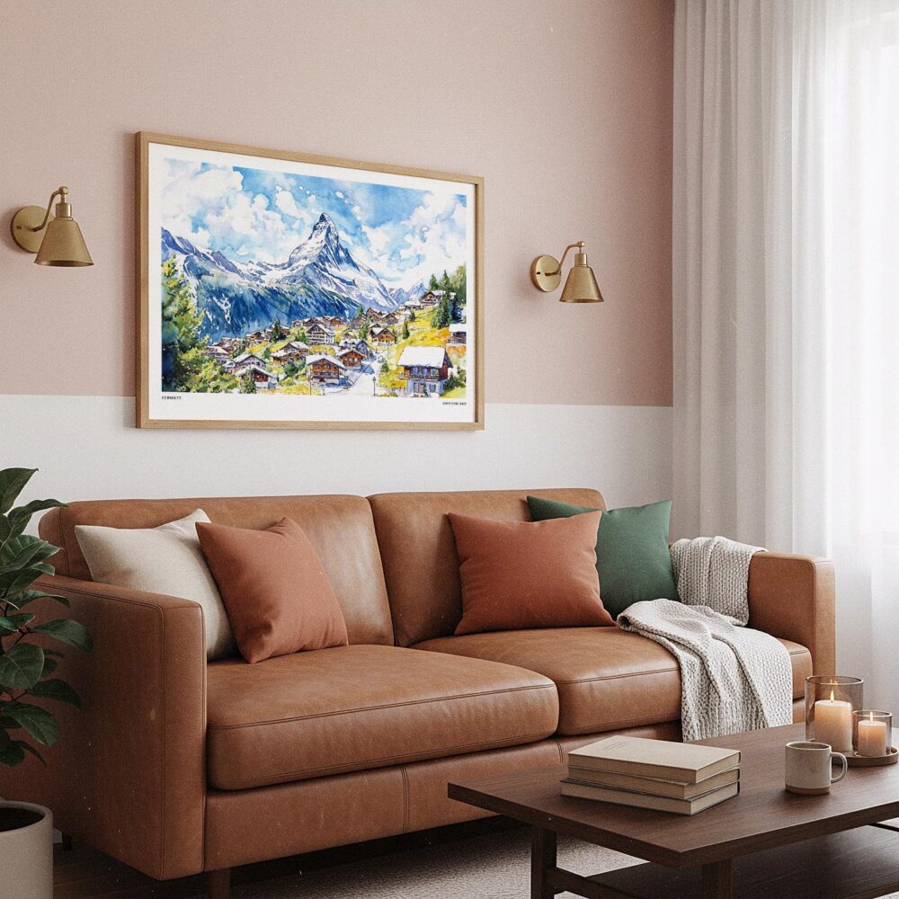 06 - Framed Zermatt Watercolor - Horizontal Art Print hanging in Boho Living Room.jpg 06 - Framed Zermatt Watercolor - Horizontal Art Print hanging in Boho Living Room.jpg