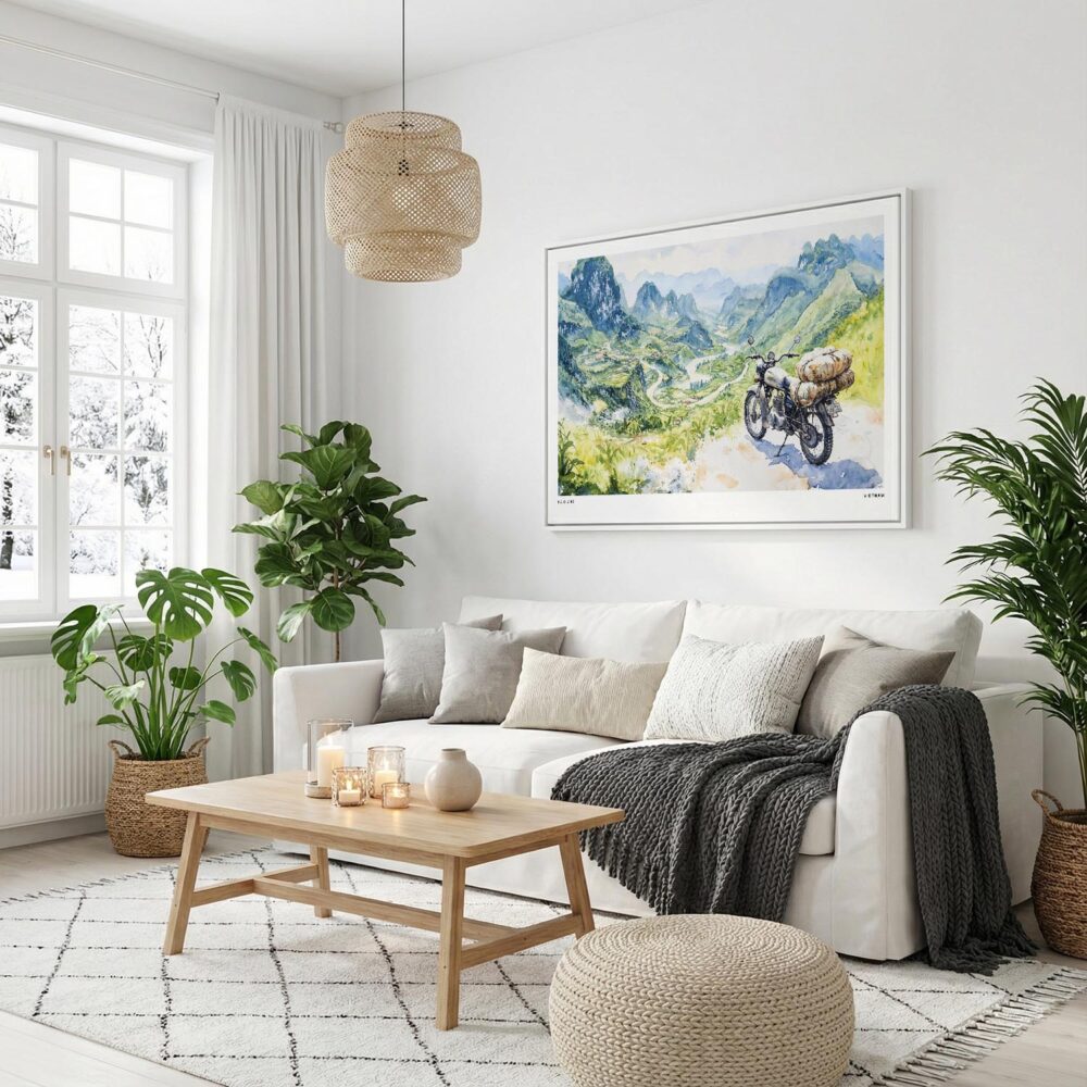 06 - Ha Giang Loop Watercolor - Horizontal Canvas Print with White Floater Frame in modern Scandi Living Room.jpg 06 - Ha Giang Loop Watercolor - Horizontal Canvas Print with White Floater Frame in modern Scandi Living Room.jpg