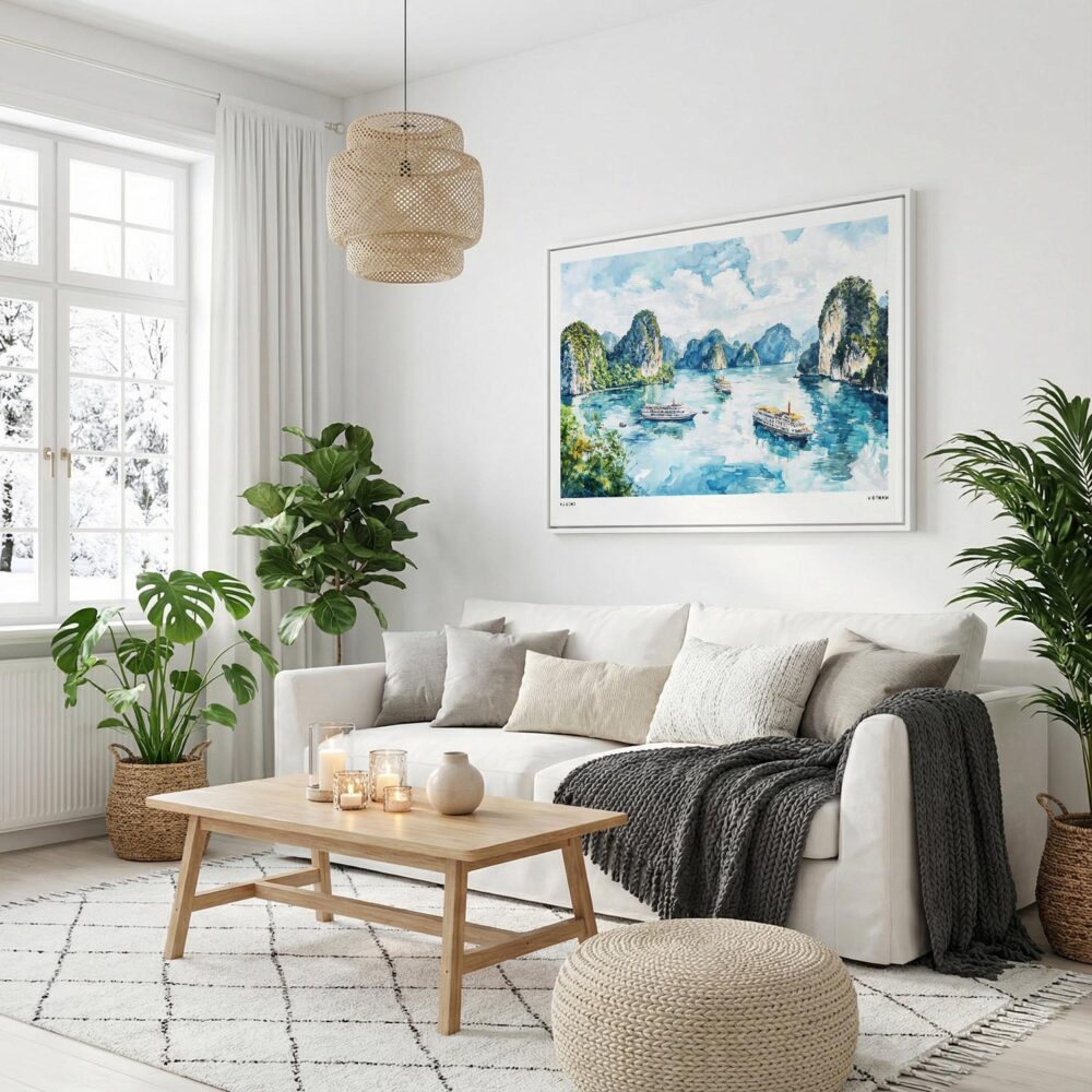 06 - Ha Long Vietnam Watercolor - Horizontal Canvas Print with White Floater Frame in modern Scandi Living Room.jpg 06 - Ha Long Vietnam Watercolor - Horizontal Canvas Print with White Floater Frame in modern Scandi Living Room.jpg