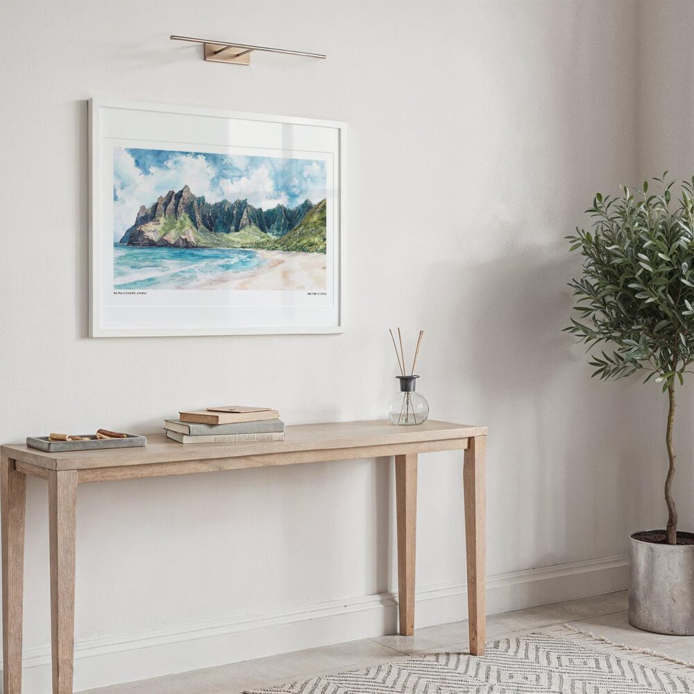 06 - Haiwaii Na Pali Coast Watercolor - Horizontal Art Print in Hallway with White Frame.jpg 06 - Haiwaii Na Pali Coast Watercolor - Horizontal Art Print in Hallway with White Frame.jpg