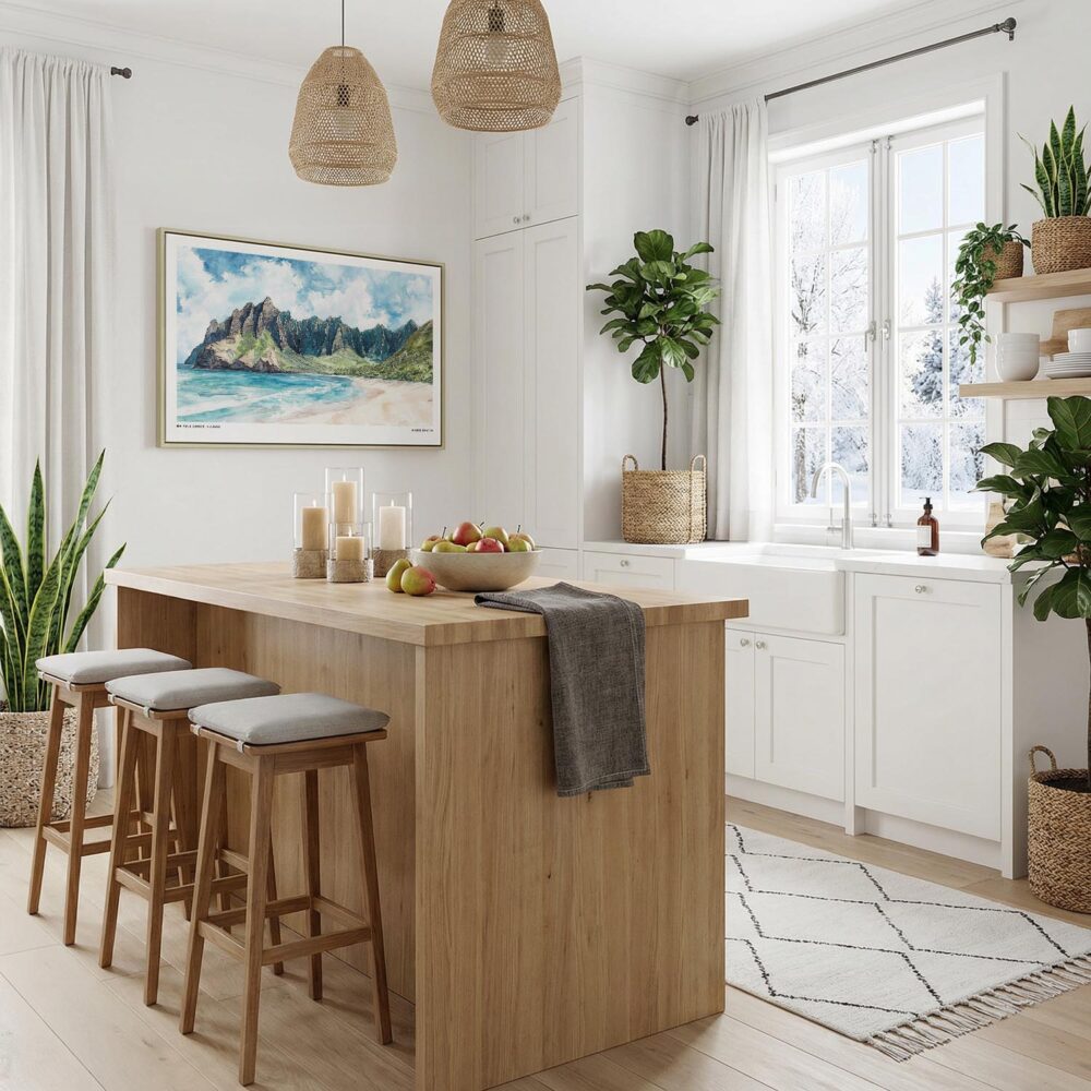 06 - Haiwaii Na Pali Coast Watercolor - Horizontal Canvas Print with Natural Floater Frame in Kitchen.jpg 06 - Haiwaii Na Pali Coast Watercolor - Horizontal Canvas Print with Natural Floater Frame in Kitchen.jpg