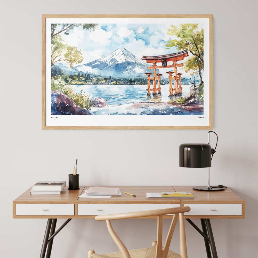 06 - Hakone Japan Watercolor - Horizontal Art Print in Natural Wood Frame above work desk.jpg 06 - Hakone Japan Watercolor - Horizontal Art Print in Natural Wood Frame above work desk.jpg