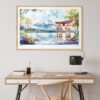 06 - Hakone Japan Watercolor - Horizontal Art Print in Natural Wood Frame above work desk.jpg