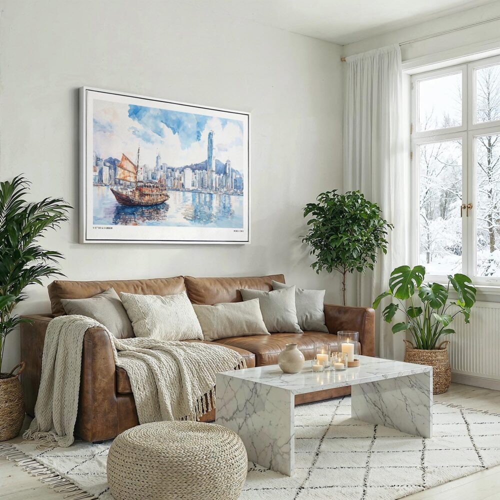 06 - Hong Kong Watercolor - Horizontal Canvas Print with White Floater Frame above Leather Couch.jpg 06 - Hong Kong Watercolor - Horizontal Canvas Print with White Floater Frame above Leather Couch.jpg