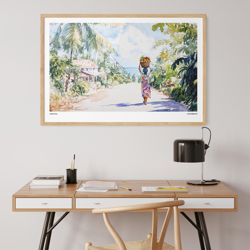 06 - Jamaica Watercolor - Horizontal Art Print in Natural Wood Frame above work desk.jpg 06 - Jamaica Watercolor - Horizontal Art Print in Natural Wood Frame above work desk.jpg