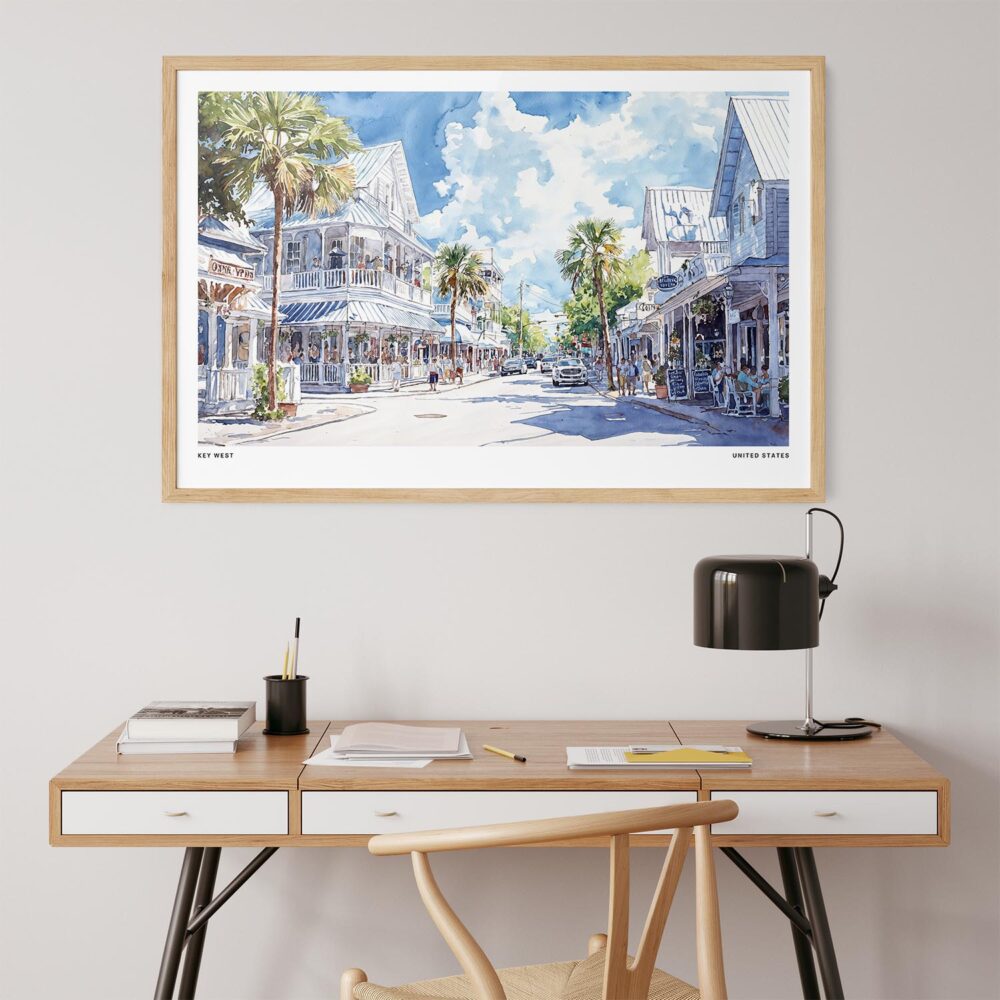 06 - Key West Florida Duval Street Watercolor - Horizontal Art Print in Natural Wood Frame above work desk.jpg 06 - Key West Florida Duval Street Watercolor - Horizontal Art Print in Natural Wood Frame above work desk.jpg