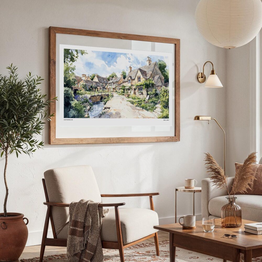 06 - Large Cotswolds England Watercolor - Horizontal Art Print in Boho Living Room with vintage Wood frame.jpg 06 - Large Cotswolds England Watercolor - Horizontal Art Print in Boho Living Room with vintage Wood frame.jpg