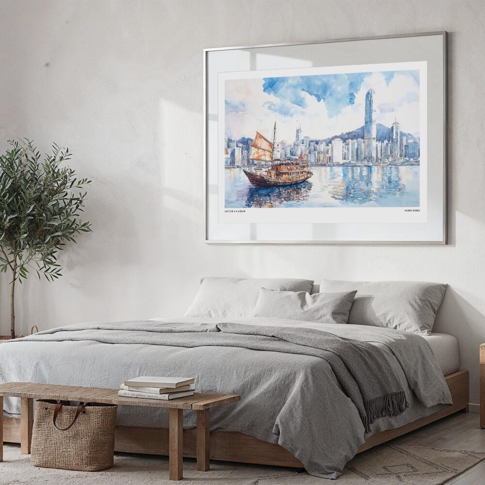 06 - Large Hong Kong Watercolor - Horizontal Art Print in Bedroom with Silver Metal Frame.jpg 06 - Large Hong Kong Watercolor - Horizontal Art Print in Bedroom with Silver Metal Frame.jpg