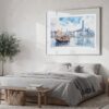 06 - Large Hong Kong Watercolor - Horizontal Art Print in Bedroom with Silver Metal Frame.jpg