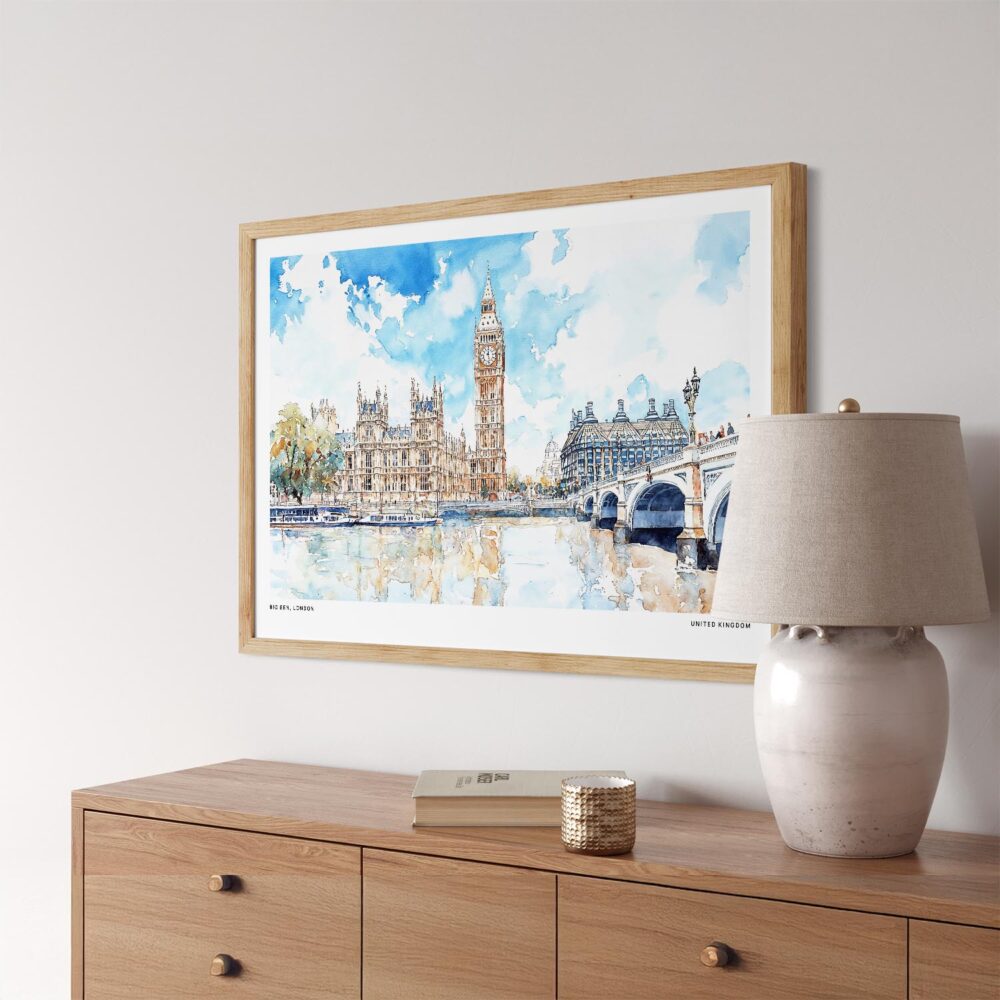 06 - London Big Ben Watercolor - Horizontal Art Print in Natural Wood Frame Above Console.jpg 06 - London Big Ben Watercolor - Horizontal Art Print in Natural Wood Frame Above Console.jpg
