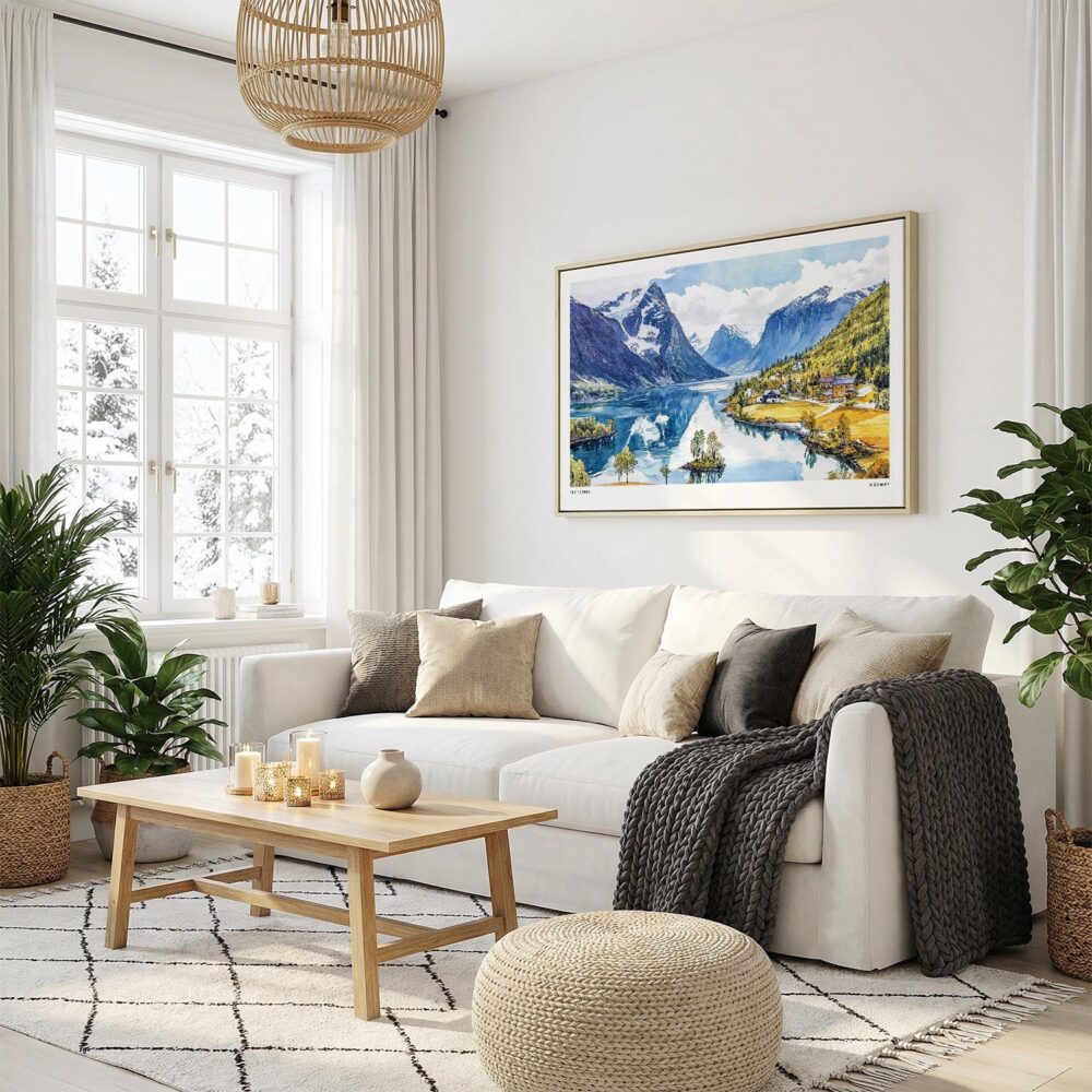 06 - Norway Fjords Watercolor - Horizontal Canvas Print with Natural Floater Frame in modern Scandi Living Room.jpg 06 - Norway Fjords Watercolor - Horizontal Canvas Print with Natural Floater Frame in modern Scandi Living Room.jpg