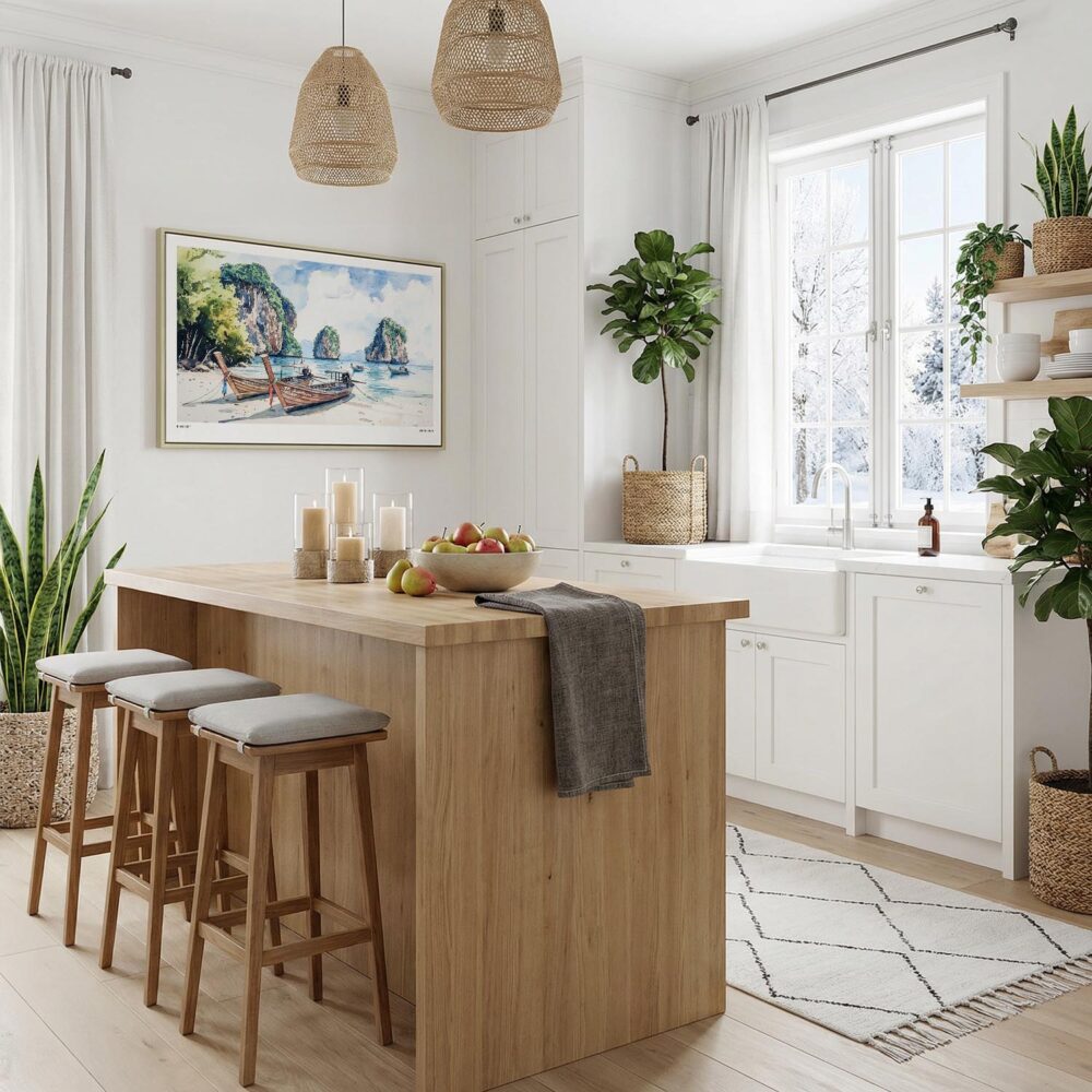 06 - Phuket Thailand Watercolor - Horizontal Canvas Print with Natural Floater Frame in Kitchen.jpg 06 - Phuket Thailand Watercolor - Horizontal Canvas Print with Natural Floater Frame in Kitchen.jpg