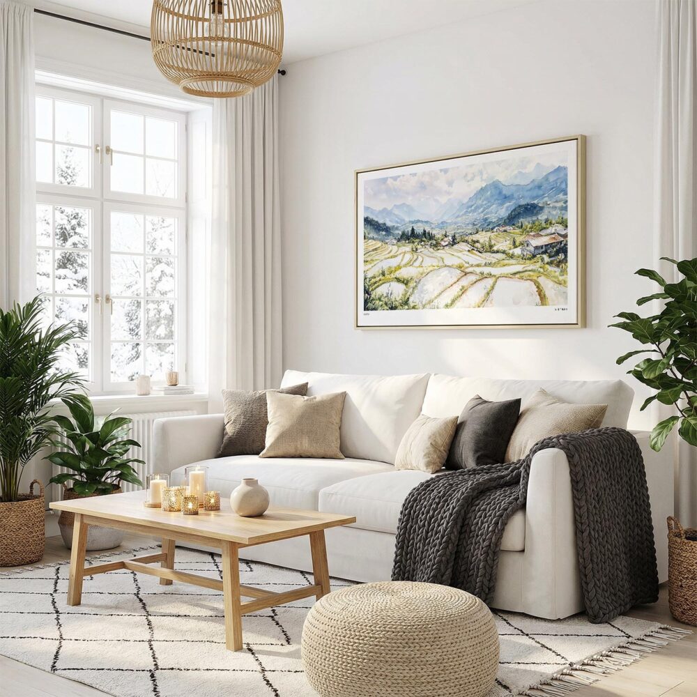06 - Sapa Valley Vietam Watercolor - Horizontal Canvas Print with Natural Floater Frame in modern Scandi Living Room.jpg 06 - Sapa Valley Vietam Watercolor - Horizontal Canvas Print with Natural Floater Frame in modern Scandi Living Room.jpg