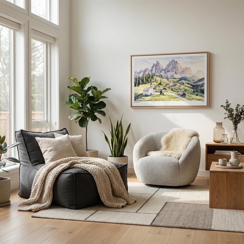 06 - Scandianvian Living Room with Dolomites Watercolor - Horizontal Canvas Print in Natural Floater Frame.jpg 06 - Scandianvian Living Room with Dolomites Watercolor - Horizontal Canvas Print in Natural Floater Frame.jpg