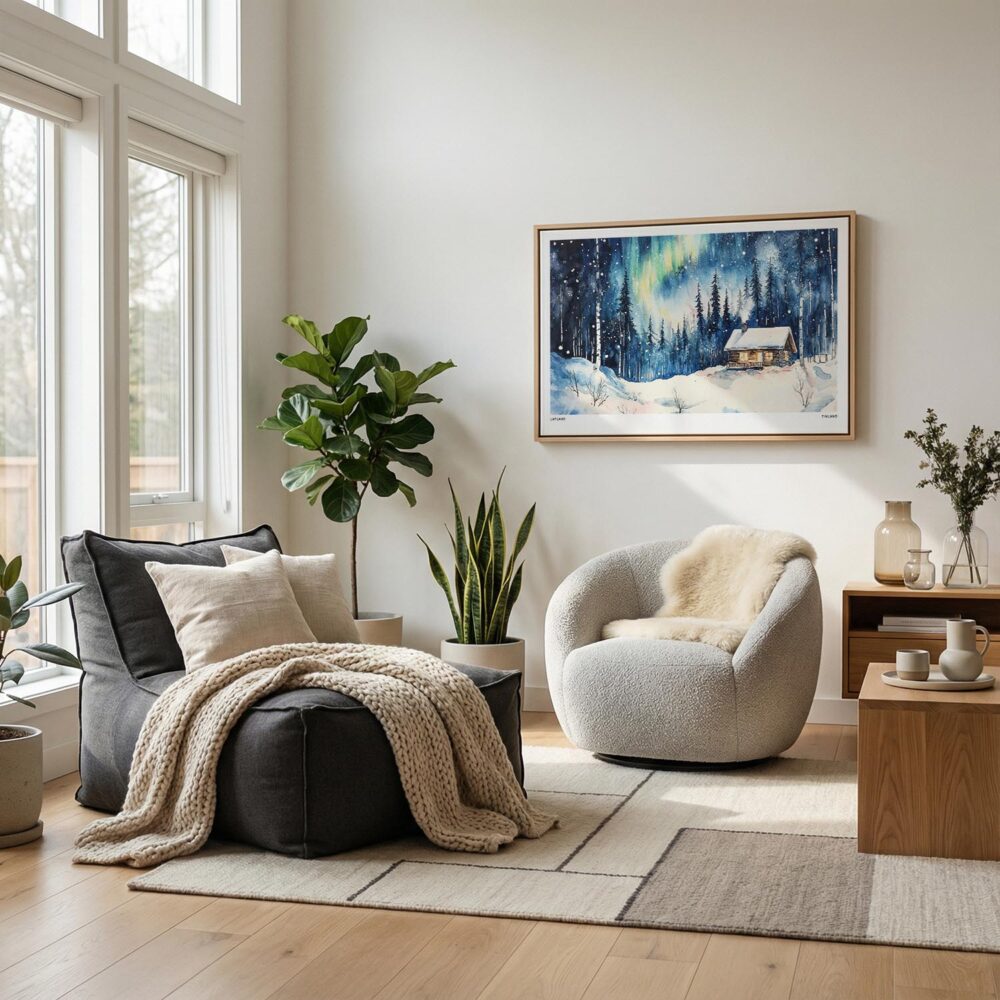 06 - Scandianvian Living Room with Finland Lapland Aurora Watercolor - Horizontal Canvas Print in Natural Floater Frame.jpg 06 - Scandianvian Living Room with Finland Lapland Aurora Watercolor - Horizontal Canvas Print in Natural Floater Frame.jpg