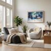 06 - Scandianvian Living Room with Finland Lapland Aurora Watercolor - Horizontal Canvas Print in Natural Floater Frame.jpg