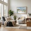 06 - Scandianvian Living Room with Inishowen Ireland Watercolor - Horizontal Canvas Print in Natural Floater Frame.jpg
