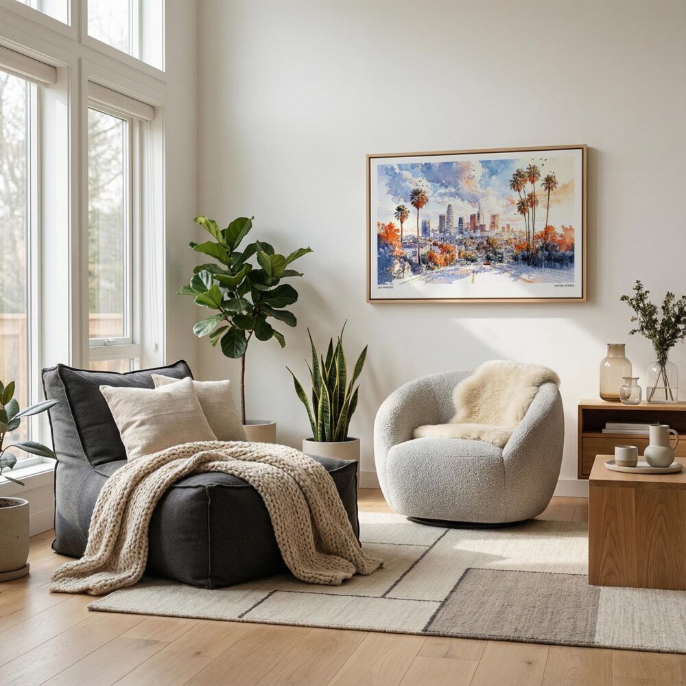 06 - Scandianvian Living Room with Los Angeles Skyline Watercolor - Horizontal Canvas Print in Natural Floater Frame.jpg 06 - Scandianvian Living Room with Los Angeles Skyline Watercolor - Horizontal Canvas Print in Natural Floater Frame.jpg