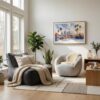 06 - Scandianvian Living Room with Los Angeles Skyline Watercolor - Horizontal Canvas Print in Natural Floater Frame.jpg