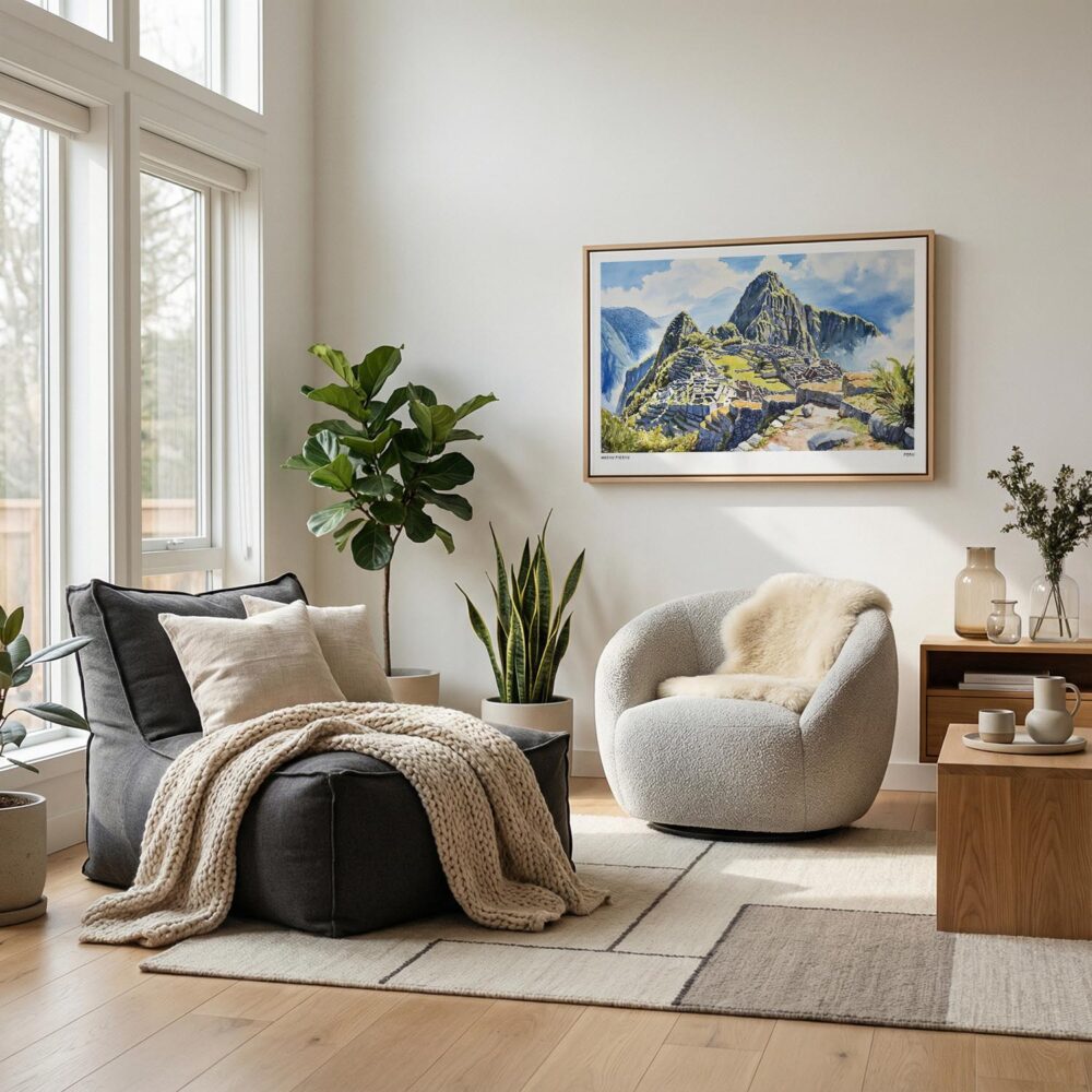 06 - Scandianvian Living Room with Machu Picchu Watercolor - Horizontal Canvas Print in Natural Floater Frame.jpg 06 - Scandianvian Living Room with Machu Picchu Watercolor - Horizontal Canvas Print in Natural Floater Frame.jpg