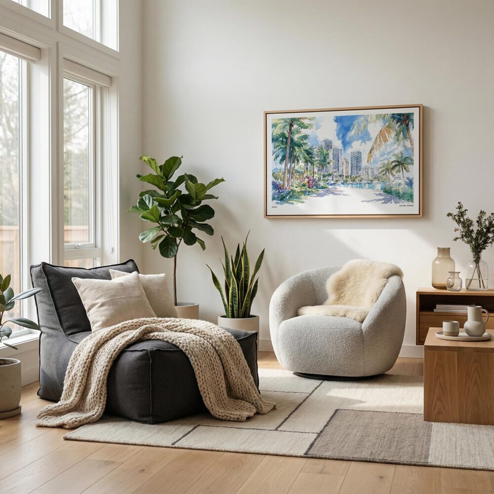 06 - Scandianvian Living Room with Miami Gardens Watercolor - Horizontal Canvas Print in Natural Floater Frame.jpg 06 - Scandianvian Living Room with Miami Gardens Watercolor - Horizontal Canvas Print in Natural Floater Frame.jpg