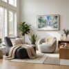 06 - Scandianvian Living Room with Miami Gardens Watercolor - Horizontal Canvas Print in Natural Floater Frame.jpg