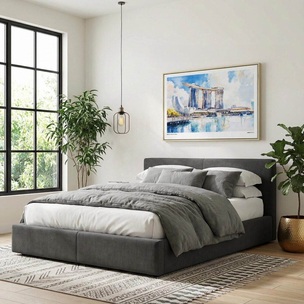 06 - Singapore Marina Bays Sands Watercolor - Horizontal Canvas Print with Natural Floater Frame Above Bed.jpg 06 - Singapore Marina Bays Sands Watercolor - Horizontal Canvas Print with Natural Floater Frame Above Bed.jpg