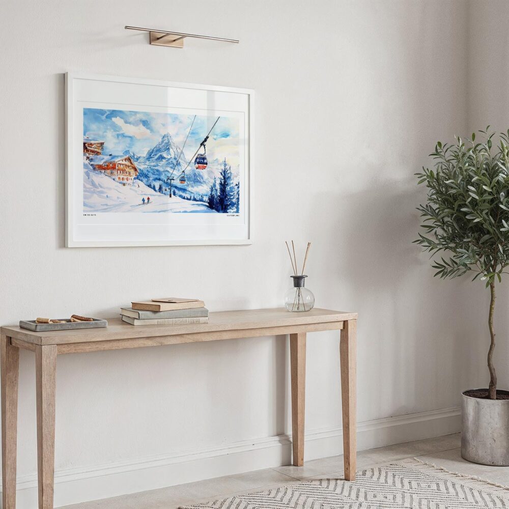 06 - Skiing in Swiss Alps Watercolor - Horizontal Art Print in Hallway with White Frame.jpg 06 - Skiing in Swiss Alps Watercolor - Horizontal Art Print in Hallway with White Frame.jpg