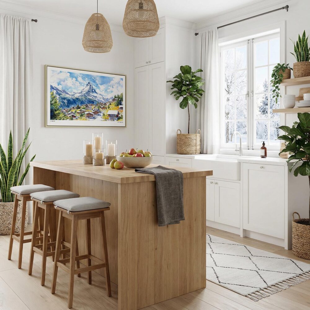 06 - Zermatt Watercolor - Horizontal Canvas Print with Natural Floater Frame in Kitchen.jpg 06 - Zermatt Watercolor - Horizontal Canvas Print with Natural Floater Frame in Kitchen.jpg