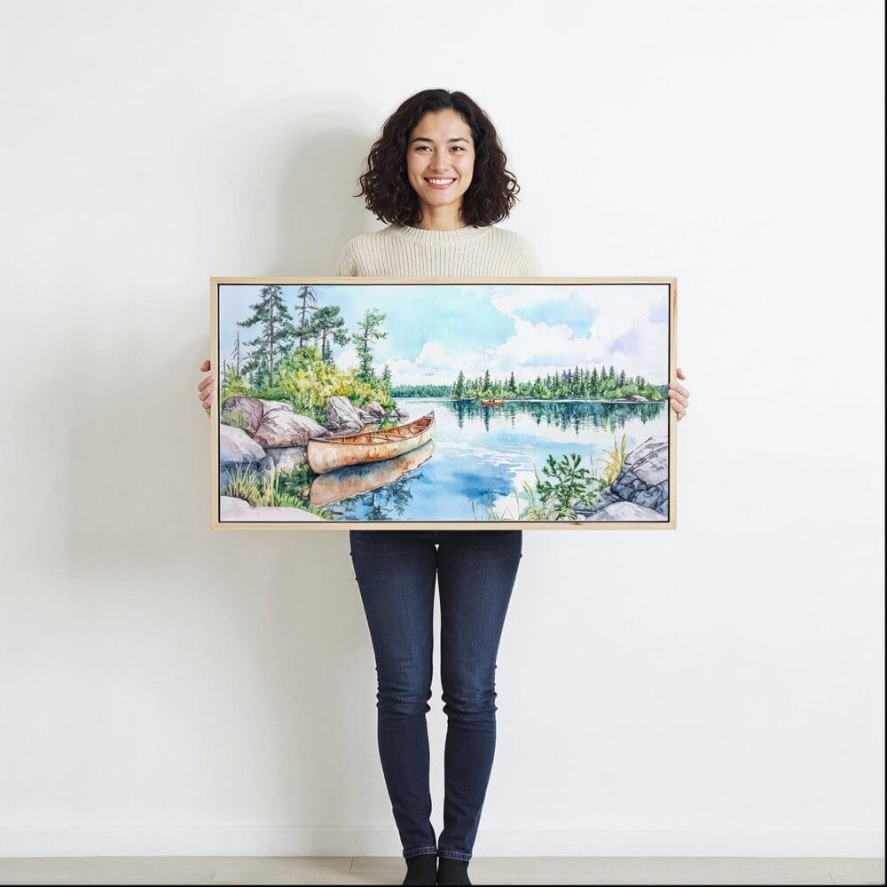 07 - Framed Boundary Waters Watercolor - Panorama Canvas Print - Woman in front of blank wall.jpg 07 - Framed Boundary Waters Watercolor - Panorama Canvas Print - Woman in front of blank wall.jpg