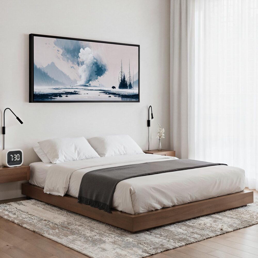 07 - Framed Minimal Yellowstone Watercolor - Panorama Canvas Print - Bedroom.jpg 07 - Framed Minimal Yellowstone Watercolor - Panorama Canvas Print - Bedroom.jpg