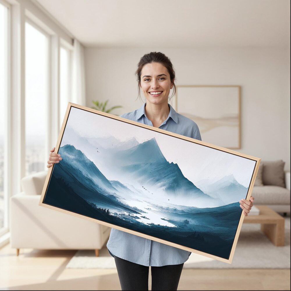 07 - Framed Misty Mountains Watercolor - Panorama Canvas Print - Woman in Living Room.jpg 07 - Framed Misty Mountains Watercolor - Panorama Canvas Print - Woman in Living Room.jpg