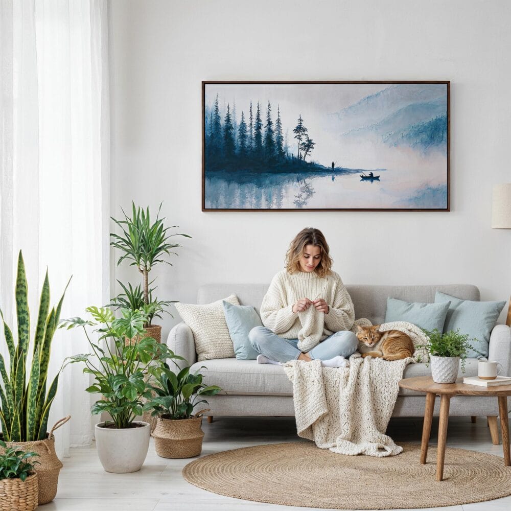 07 - Framed Morning Fishing Watercolor - Panorama Canvas Print - Woman Knitting on Sofa.jpg 07 - Framed Morning Fishing Watercolor - Panorama Canvas Print - Woman Knitting on Sofa.jpg