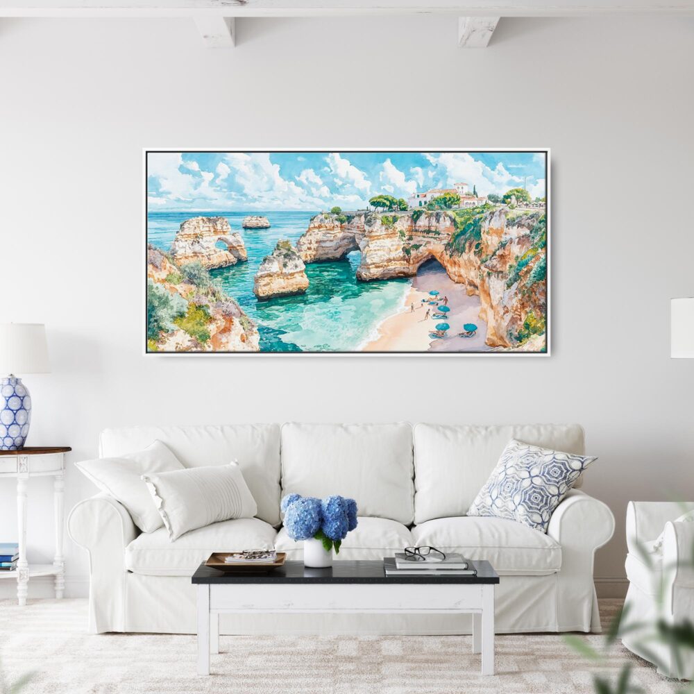 07 - Framed Portugal Algarve Watercolor - Panorama Canvas Print - Coastal Living Room.jpg 07 - Framed Portugal Algarve Watercolor - Panorama Canvas Print - Coastal Living Room.jpg