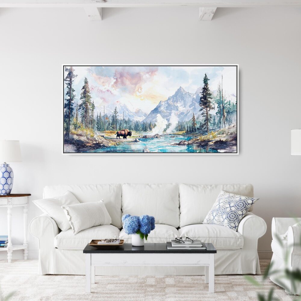 07 - Framed Yellowstone Watercolor - Panorama Canvas Print - Coastal Living Room.jpg 07 - Framed Yellowstone Watercolor - Panorama Canvas Print - Coastal Living Room.jpg