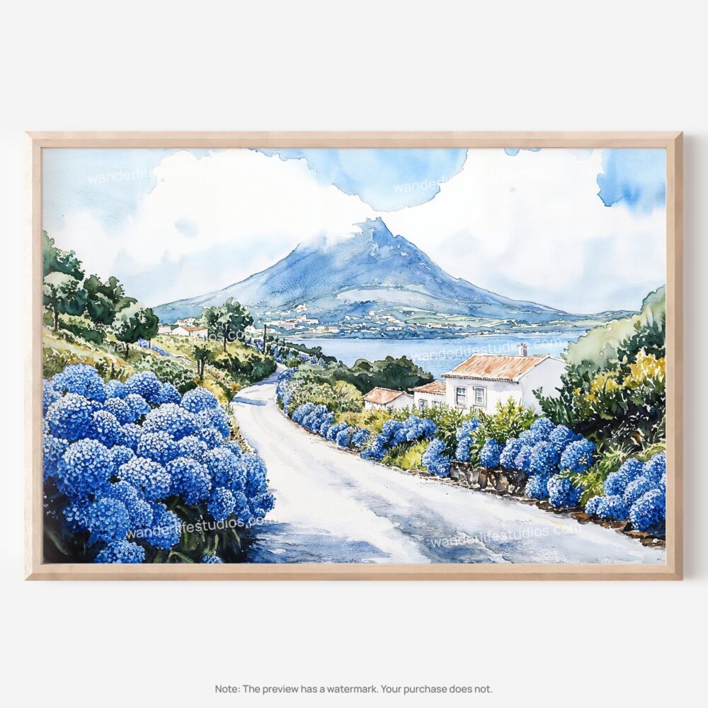 01 - 01 - Pico Island Portugal Watercolor - Horizontal Art - Digital Download - Main.jpg