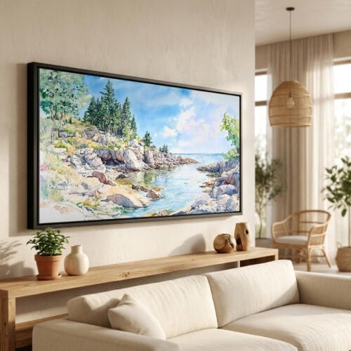 01 - Acadia National Park Panorama Watercolor Canvas Print in Scandi Living Room with Black Floater Frame - Main.jpg