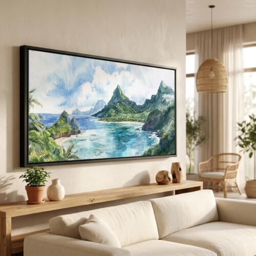 01 - American Samoa National Park Watercolor - Panorama Canvas Print in Scandi Living Room with Black Floater Frame - Main.jpg